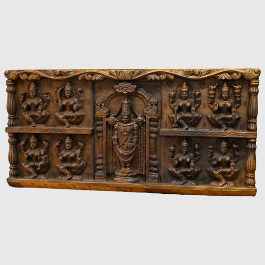 Wooden Balaji with Ashtalakshmi Hand Carved Hindu God Wall Panel 34"