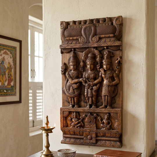 Wooden Meenakshi Thirukalyanam Traditional Wall Decor