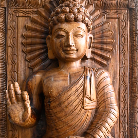 Traditional Buddhist Wooden Statue – Artisan Hand Carved Decor 36"