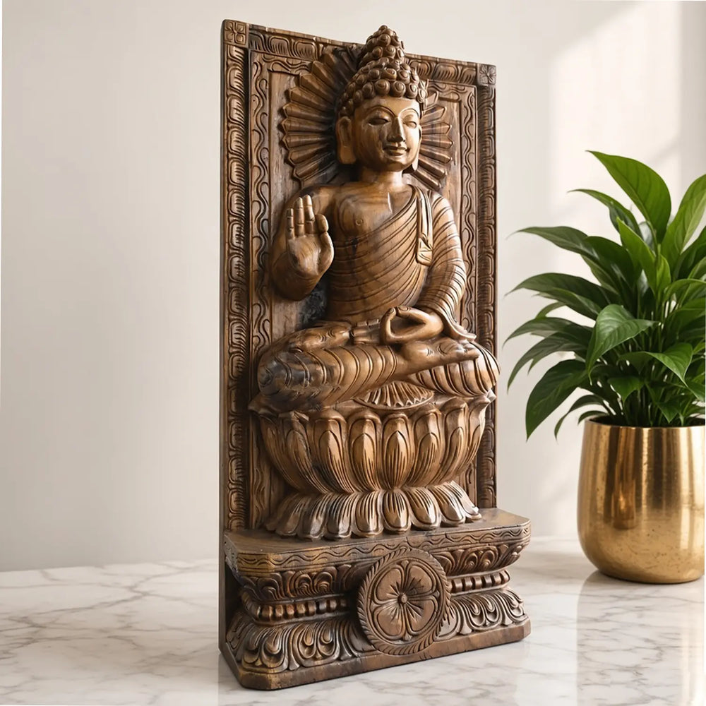 Natural wood Buddha statue handcrafted by artisans