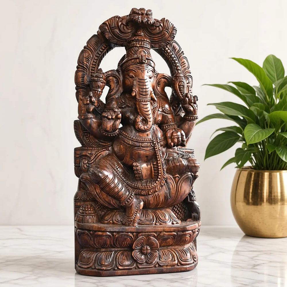 South Indian Style Prabhavali Ganesh Wooden Idol-Wood carving Statue