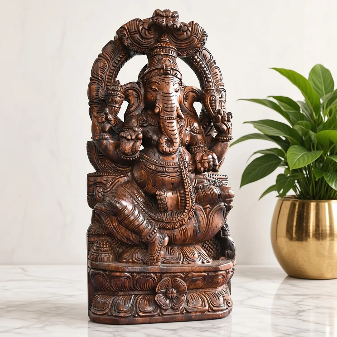 South Indian Style Prabhavali Ganesh Wooden Idol-Wood carving Statue