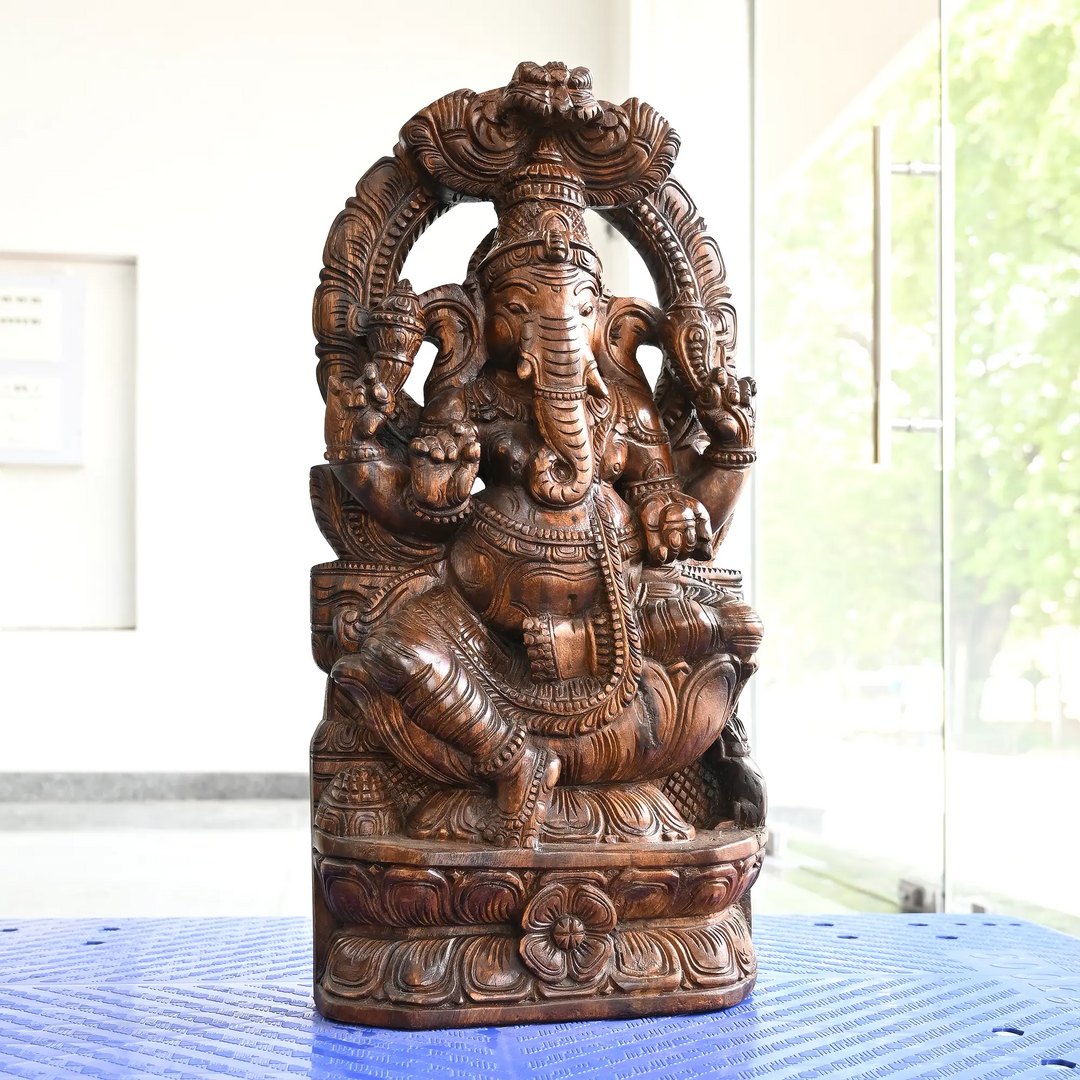 South Indian Style Prabhavali Ganesh Wooden Idol-Wood carving Statue