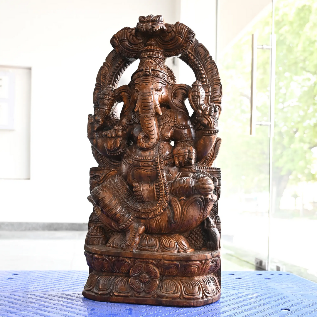 South Indian Style Prabhavali Ganesh Wooden Idol-Wood carving Statue