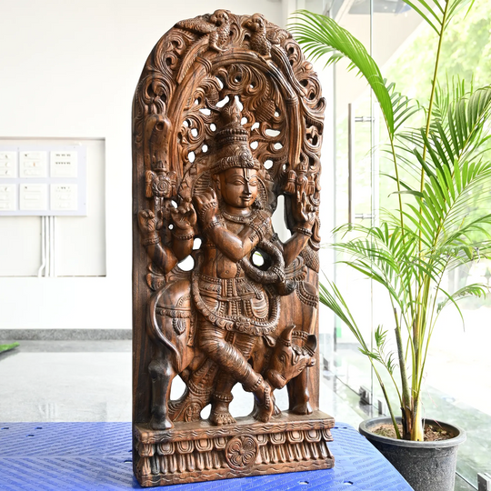 Premium Wooden Krishna Jolly Work Wall Hanging 36"