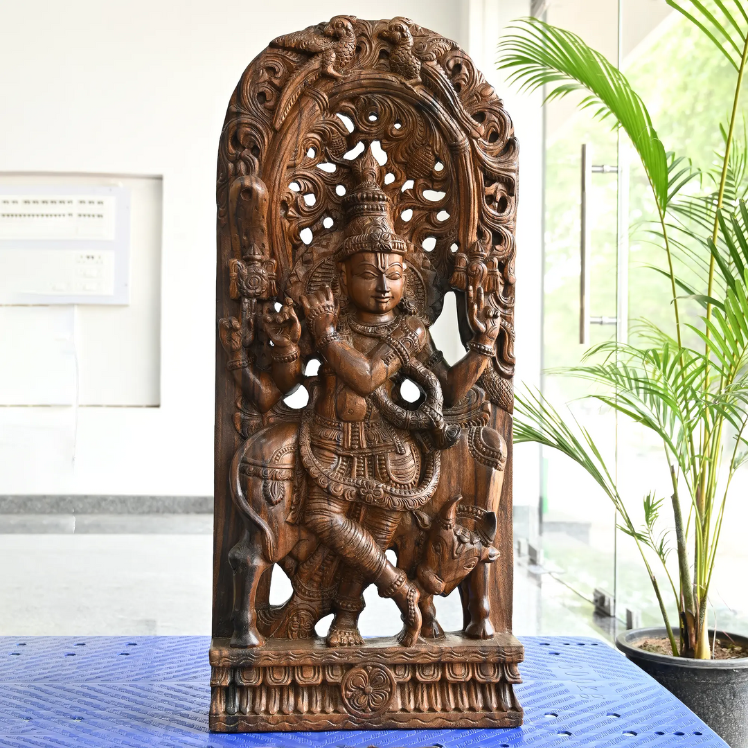 Premium Wooden Krishna Jolly Work Wall Hanging 36"