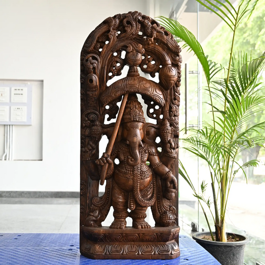 Indian traditional Umbrella Ganesh wood sculpture