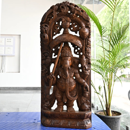 Indian traditional Umbrella Ganesh wood sculpture