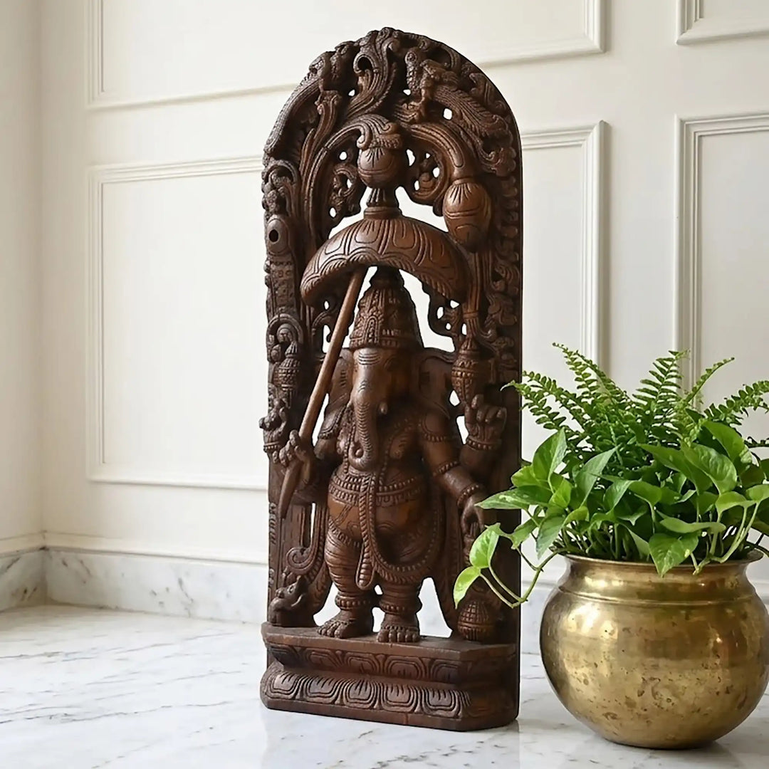 Indian traditional Umbrella Ganesh wood sculpture