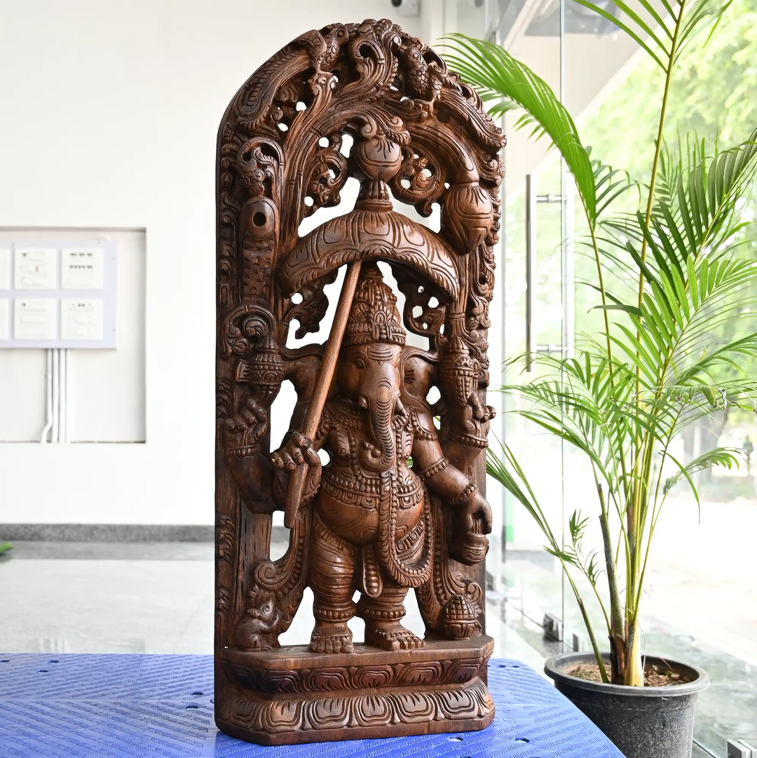 Intricate Umbrella Ganesh wood carving wall decor