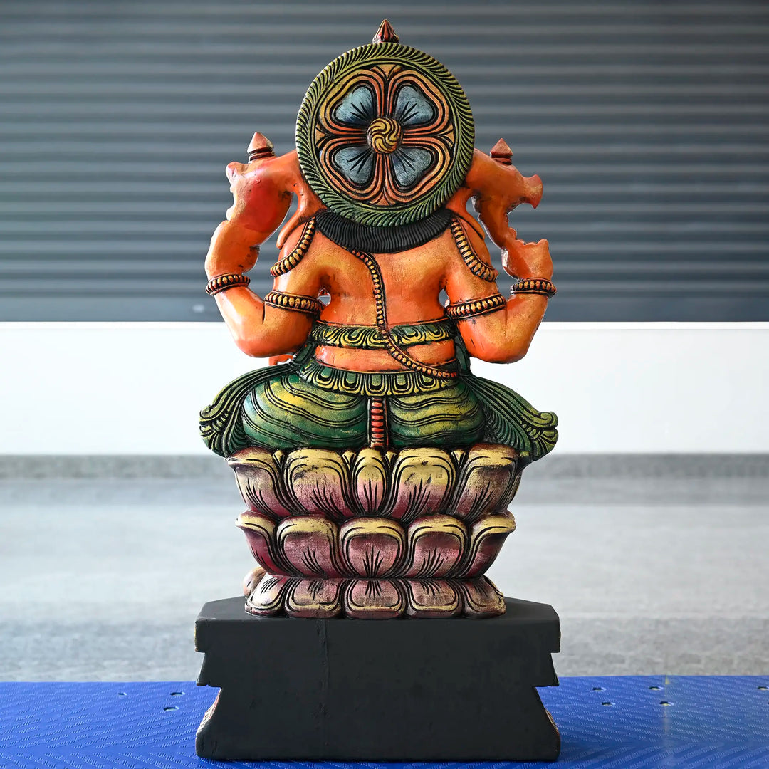 Multicoloured Wooden Ganesh Moorthi Statue – Hindu God Temple Sculpture 36"