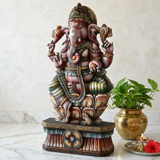 Multicoloured Ganesh Moorthi Statue – Handcrafted Hindu Temple Art 36"