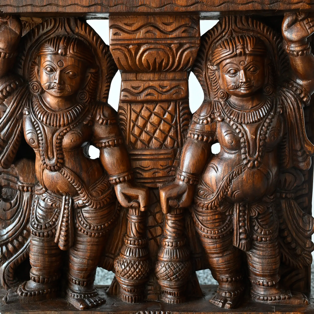 Grand Handcrafted Wooden Ganesh with Gantharvas & Dhuvara palakas Sculpture