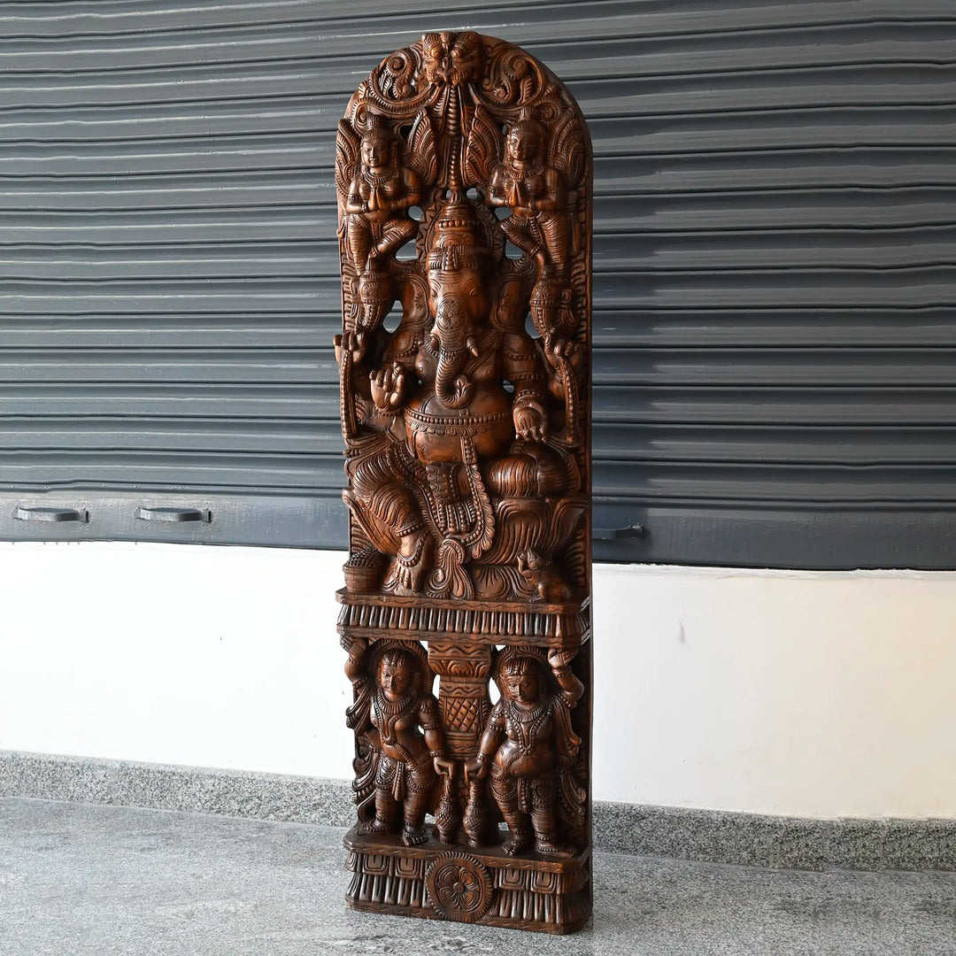 Grand Handcrafted Wooden Ganesh with Gantharvas & Dhuvara palakas Sculpture