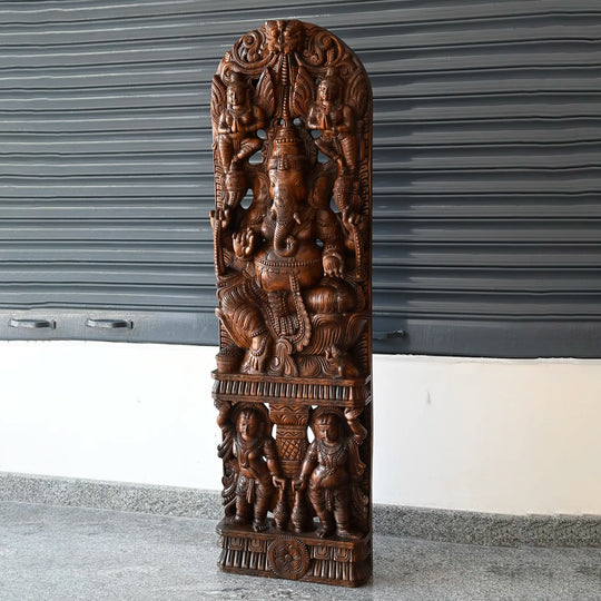 Grand Handcrafted Wooden Ganesh with Gantharvas & Dhuvara palakas Sculpture