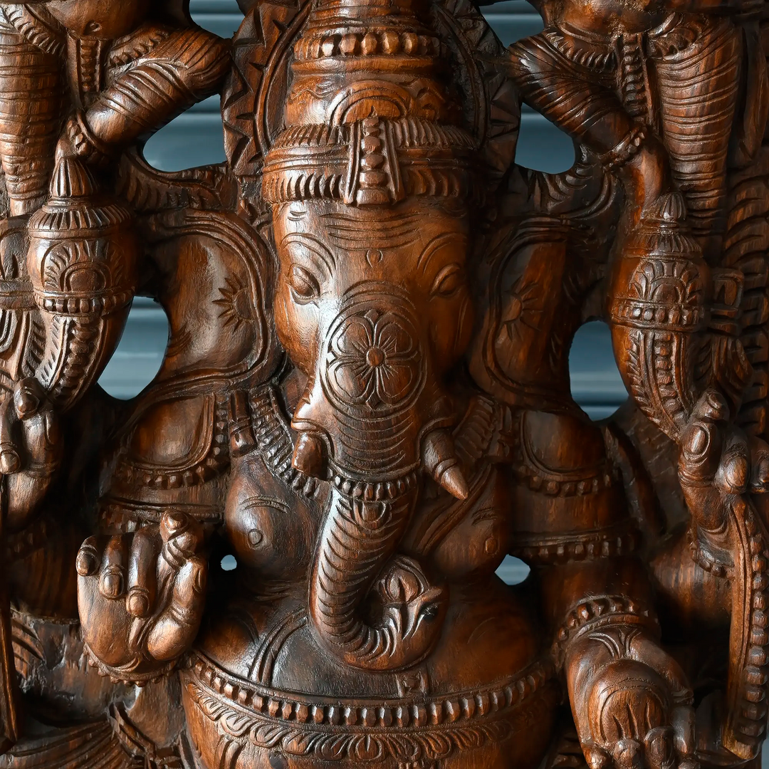 Grand Handcrafted Wooden Ganesh with Gantharvas & Dhuvara palakas Sculpture