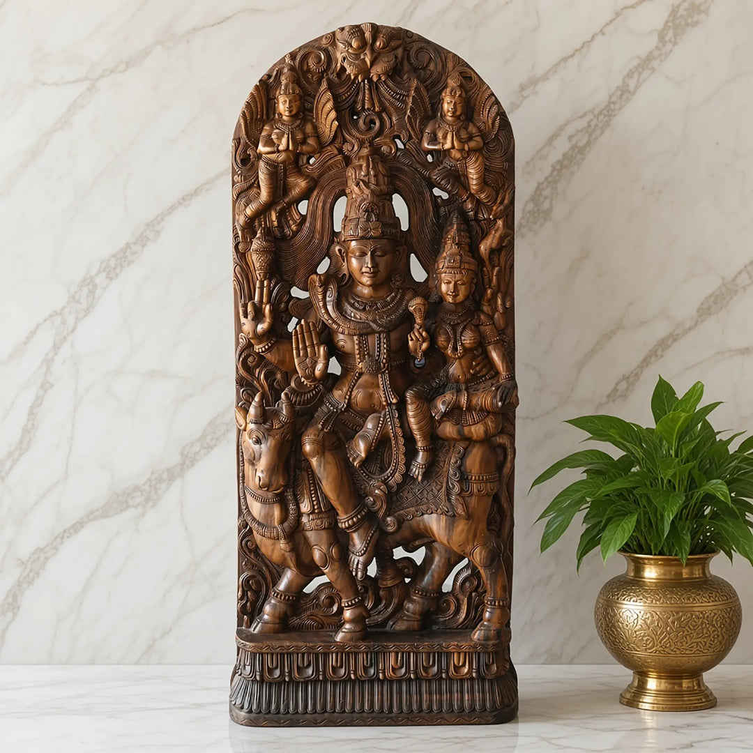 Intricate handcrafted Shiva Parvathy murti from Sengottuvel Wood Carvings