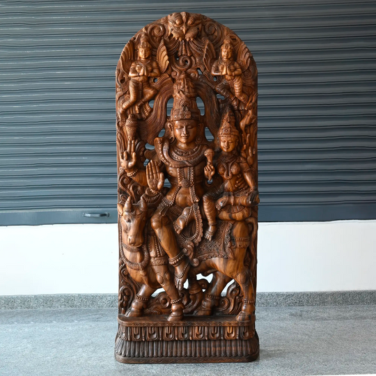 Handcrafted wooden Shiva Parvathy statue in traditional South Indian style