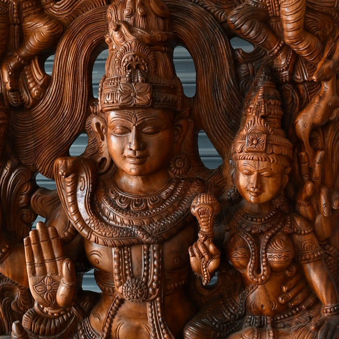 Intricate handcrafted Shiva Parvathy murti from Sengottuvel Wood Carvings