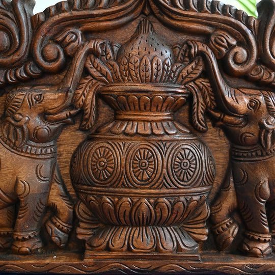 Kalasam with Elephant Wooden Wall Hanging – Indian Traditional Wood Carving 24"