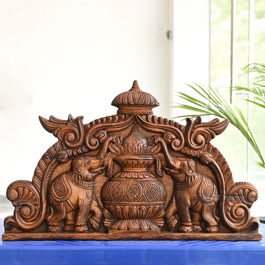 Kalasam with Elephant Wooden Wall Hanging – Indian Traditional Wood Carving 24"