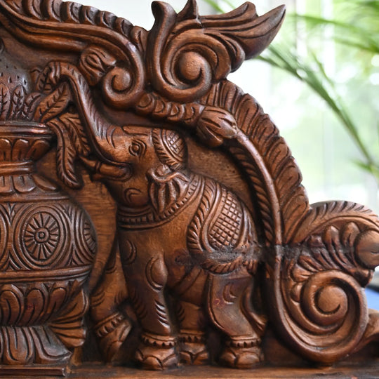 Kalasam with Elephant Wooden Wall Hanging – Indian Traditional Wood Carving 24"