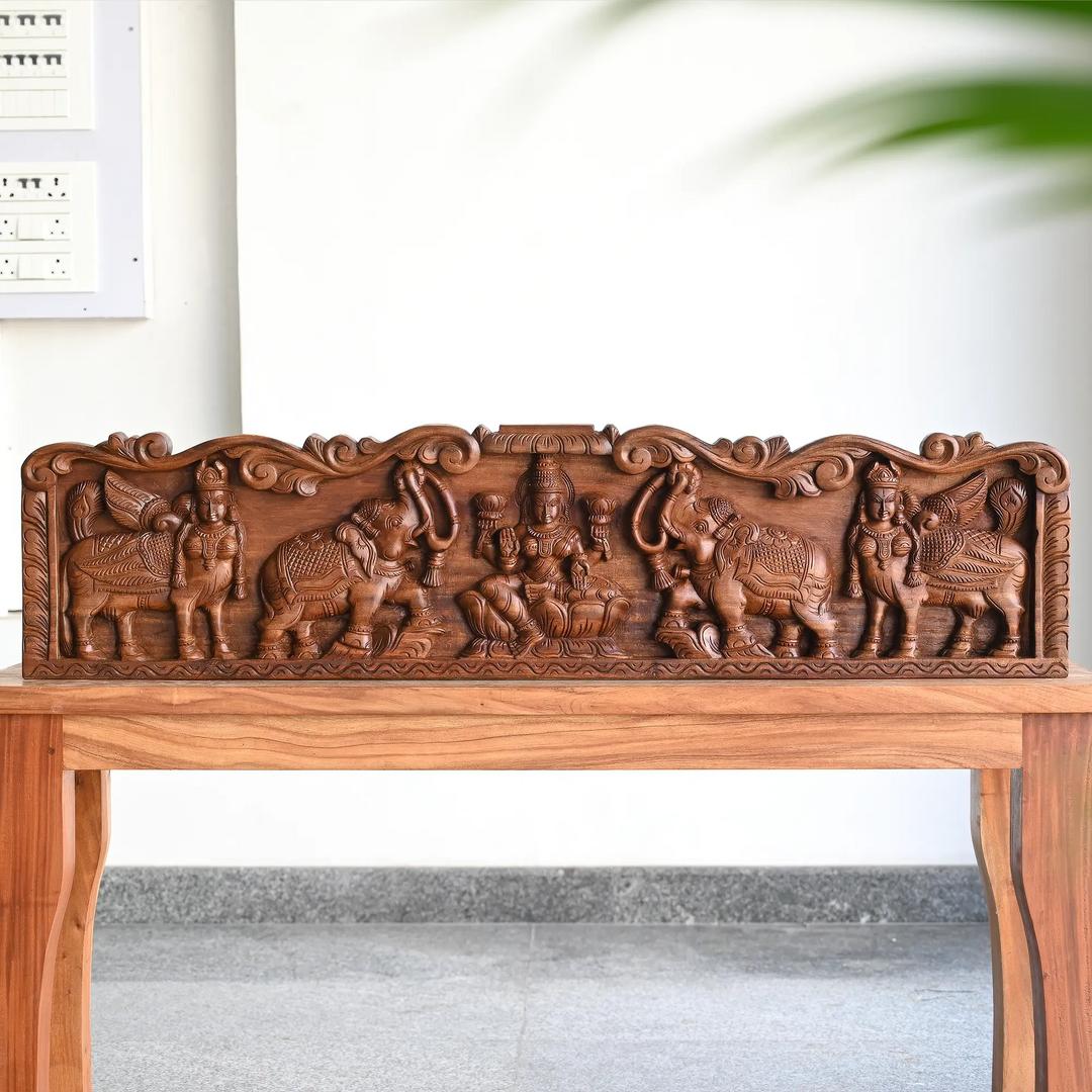 Gajalakshmi wooden panel with traditional Indian wood carving