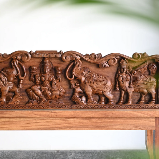 Goddess Lakshmi with elephants wooden carving panel