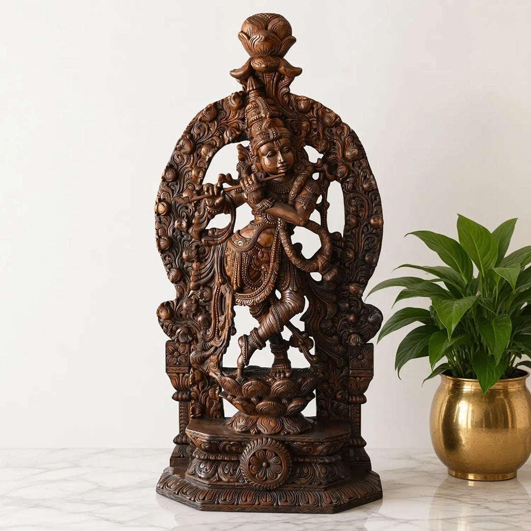 Premium Lord Krishna wooden sculpture by Indian artisans