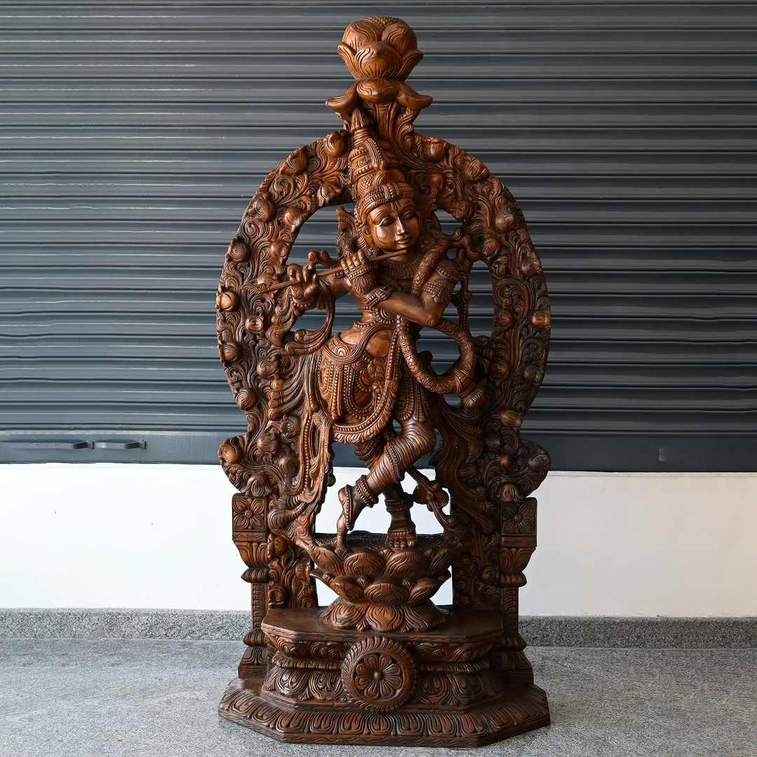 Large wooden Krishna statue handcrafted in traditional South Indian style