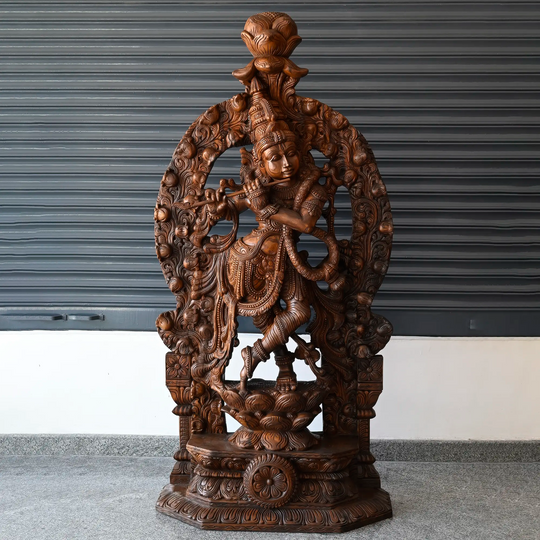 Large wooden Krishna statue handcrafted in traditional South Indian style
