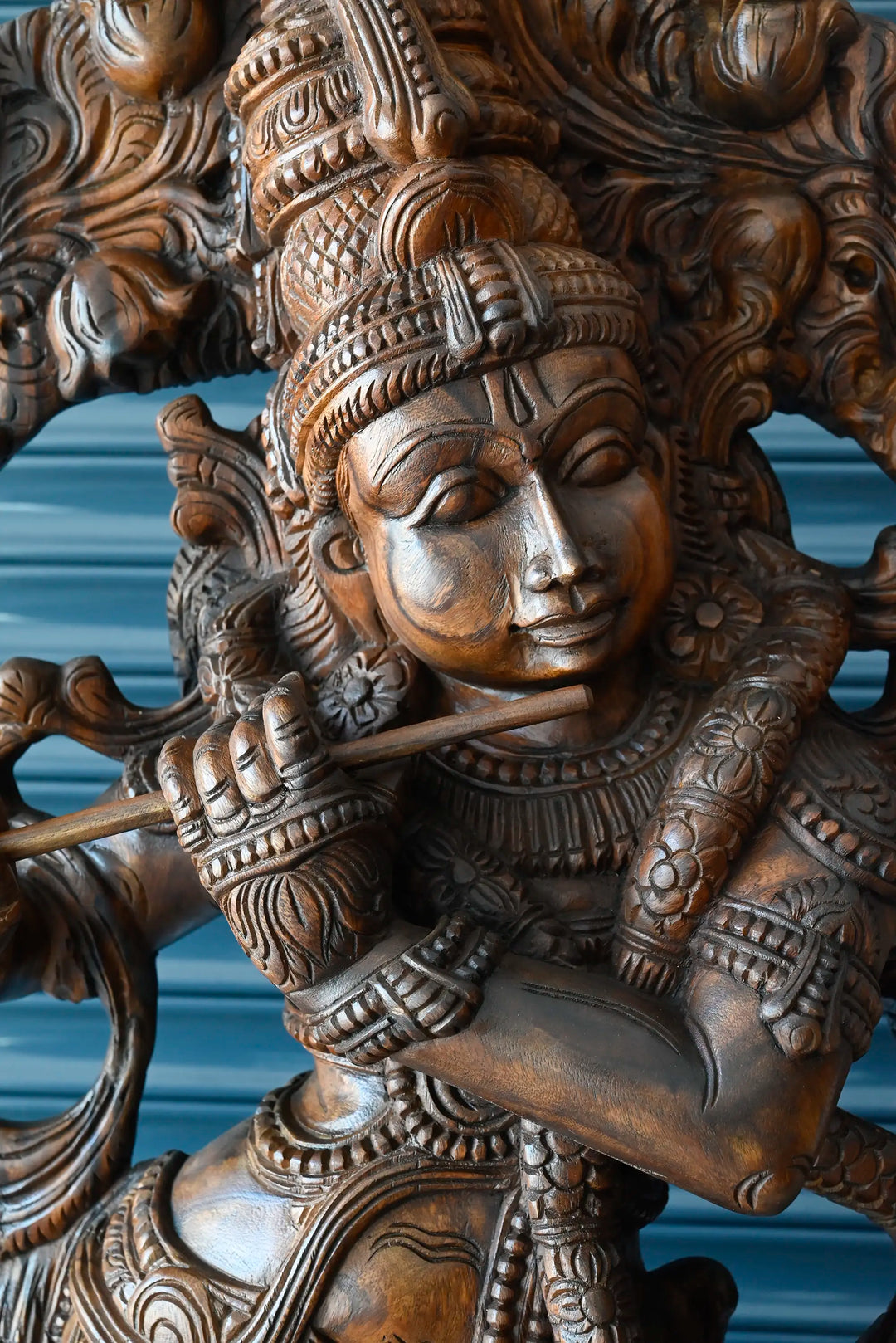 Large wooden Krishna statue handcrafted in traditional South Indian style