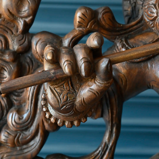 Large wooden Krishna statue handcrafted in traditional South Indian style