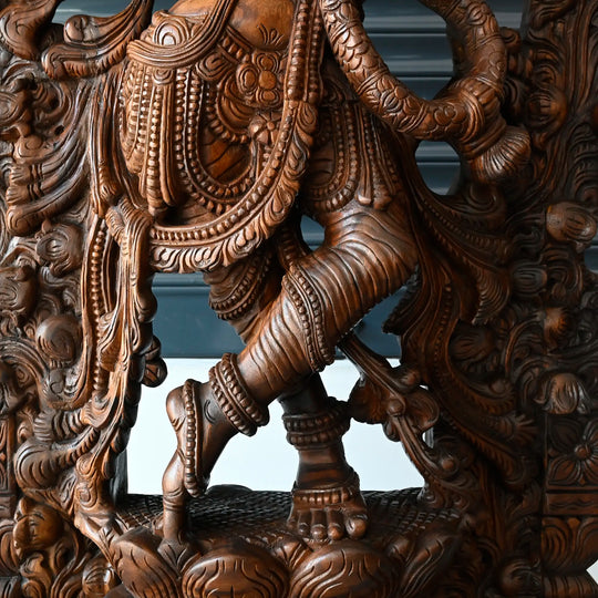 Large wooden Krishna statue handcrafted in traditional South Indian style