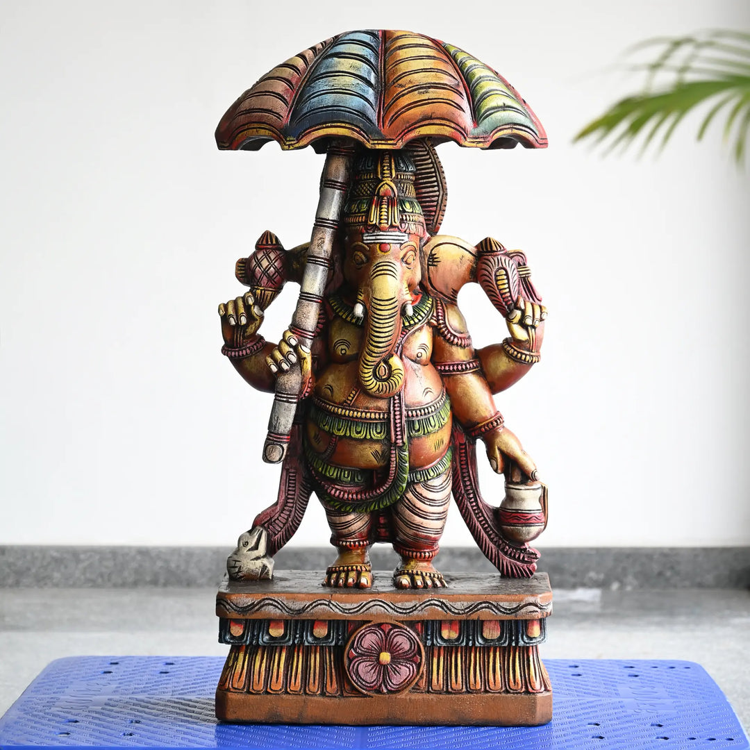 Multicolour umbrella Ganesh wooden idol for home pooja