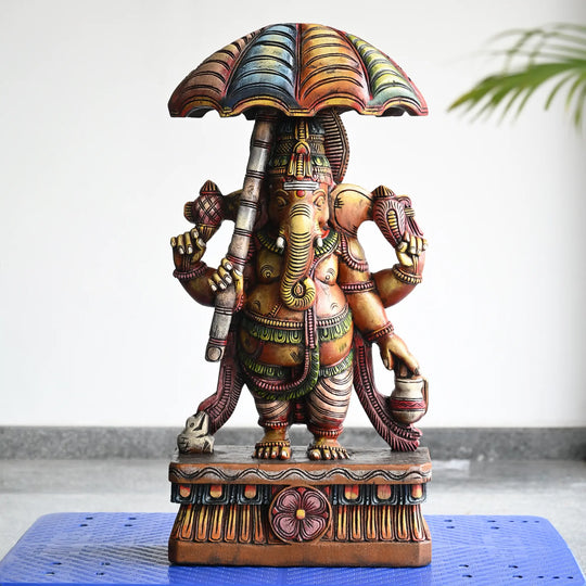 Multicolour umbrella Ganesh wooden idol for home pooja