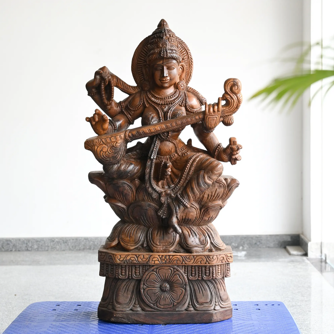 Handmade Saraswathi Moorthy by Indian wood-carving artisans