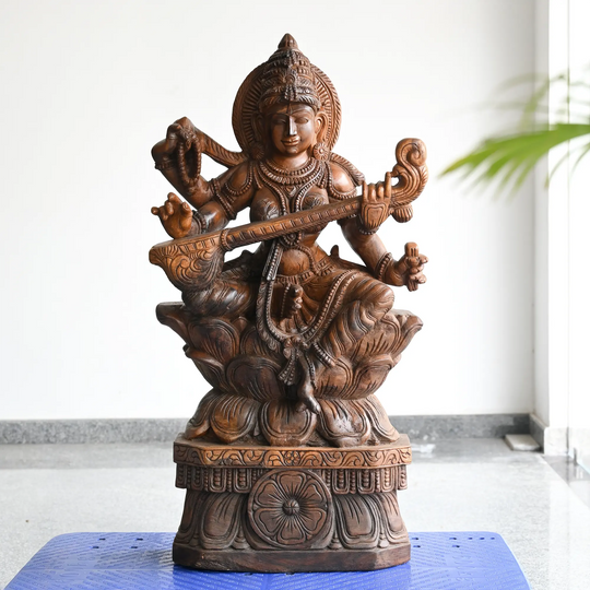 Handmade Saraswathi Moorthy by Indian wood-carving artisans