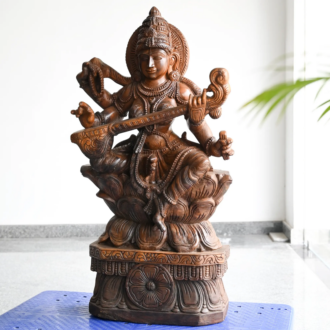 Traditional Saraswathi Devi Statue – South Indian Wood Carving Masterpiece 43"