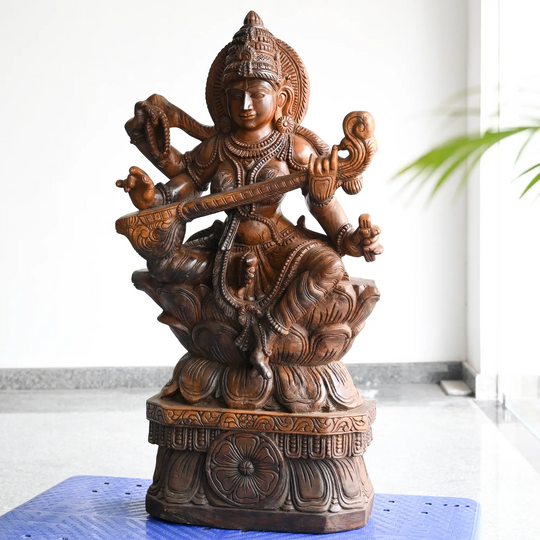 Traditional Saraswathi Devi Statue – South Indian Wood Carving Masterpiece 43"