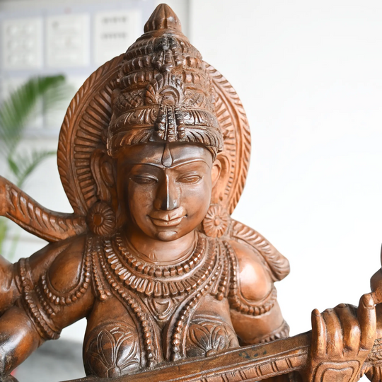 Traditional Saraswathi Devi Statue – South Indian Wood Carving Masterpiece 43"