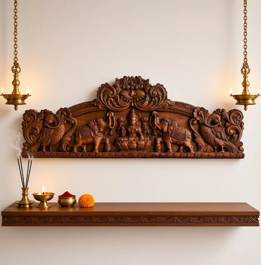 South Indian temple-style Gajalakshmi wooden artwork