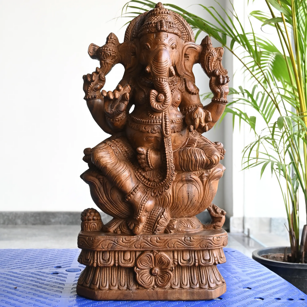 Premium wooden Ganesh idol with intricate traditional carving