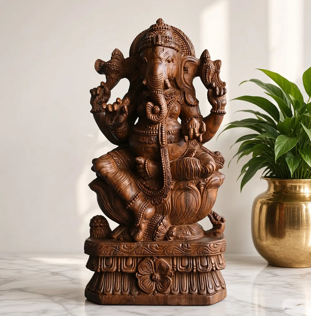 Artistic Vinayagar wood sculpture by South Indian artisans