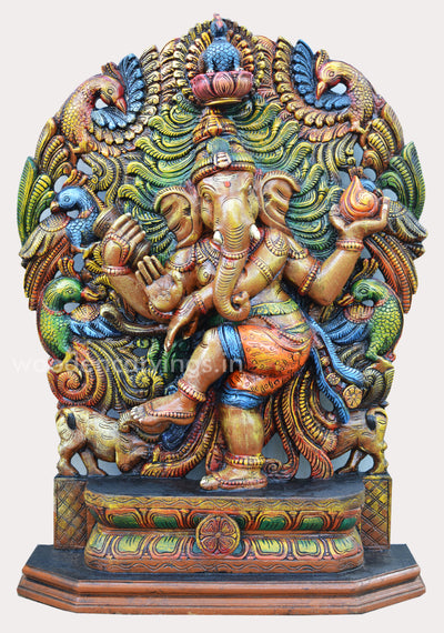 Nritya Ganapathi Happily Dancing and Holding Mothak in his Hand Jali Work Sculpture 38"