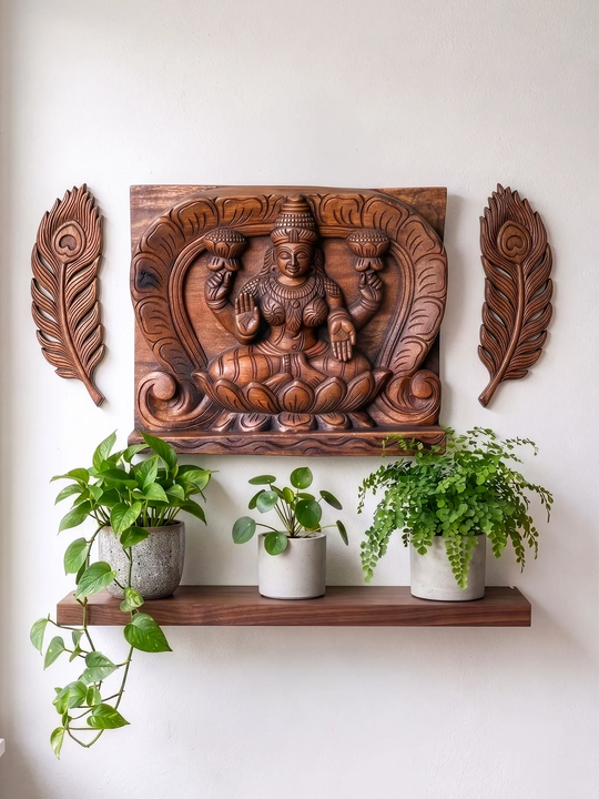 Decorative wooden Lakshmi carving for living room and temple.