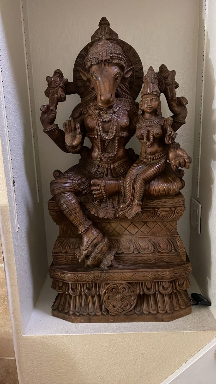 Horse Headed Lord Hayagriva Seated With His consort Wooden Sculpture 36"