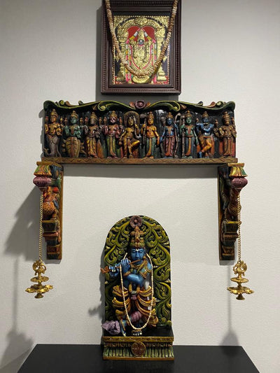 Detaily Handmade Horizontal Wooden Multicoloured Maha Vishnu Horizontal Hooks Fixed Wall Panel 48"