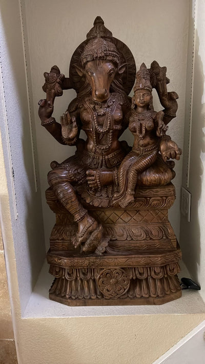 Horse Headed Lord Hayagriva Seated With His consort Wooden Sculpture 36"