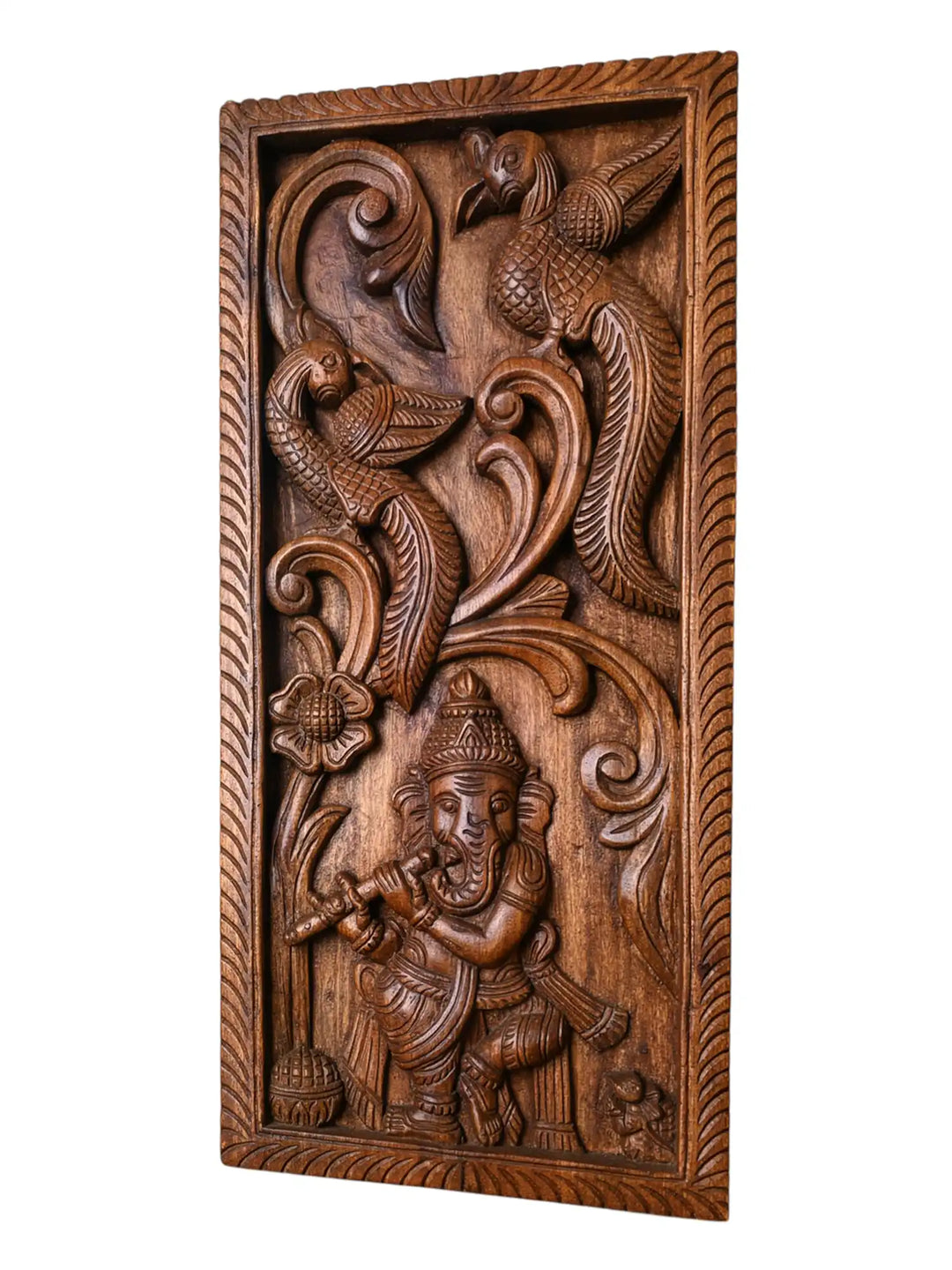 Wooden Nritya Ganapati with Divine Birds wall mount panels 24"